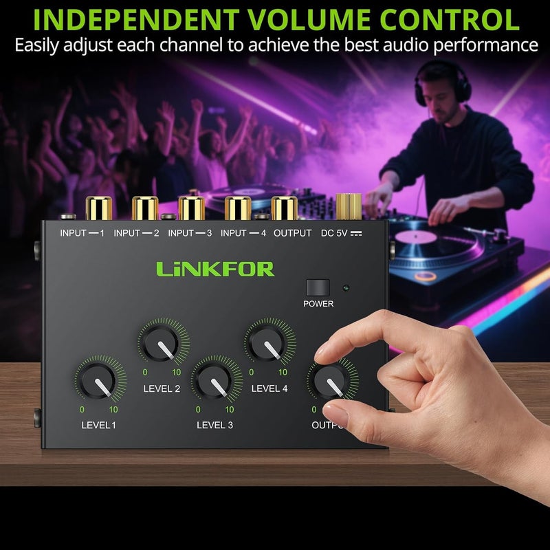LiNKFOR 4 Channel Stereo Audio Mixer CX400 Metal Shell Support RCA Input and Output Mini Passive Stereo Mixer with Separate Volume Controls (4 Channel Stereo Mixer) - Image 4